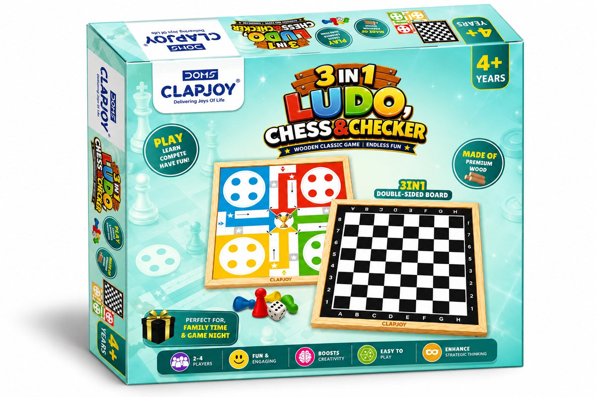 3 in 1 Wooden Ludo, Chess & Checkers Board Game for Kids & Adults | Double-Sided Classic Board Game | Educational Indoor Family Game | 2-4 Players | Age 4+ Years