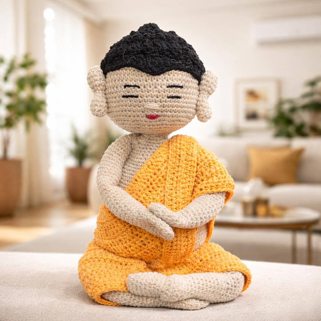 Handmade Crochet Buddha Limited Edition 25 Centimetre Meditating Sitting Buddha Idol buddha idols for home decor buddha statue for home decor buddha idol (Yellow and Cream) spiritual Decor