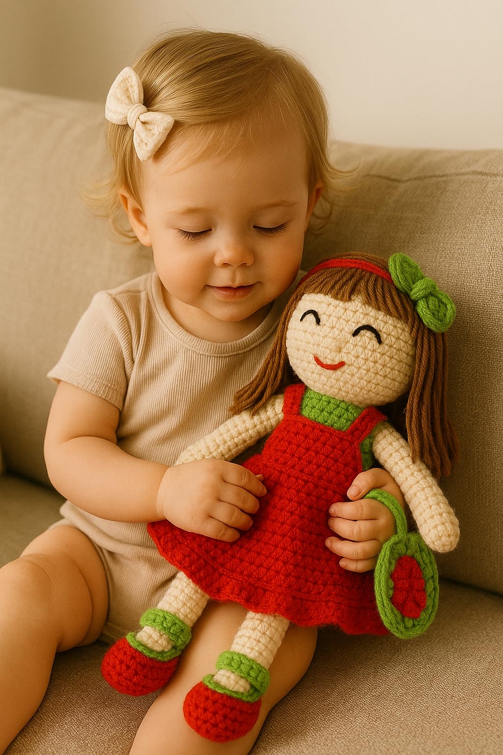 Crochet Handmade Doll Toy with Removable Dress | Soft Cotton Knitted Doll for Girls | Pretend Play, Gift & Room Decor (Red Dress Doll)