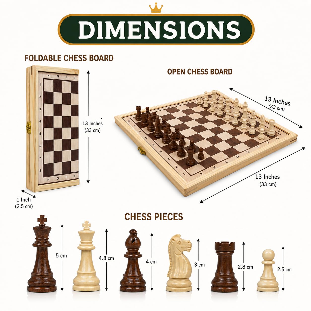 Clapjoy Premium Magnetic Handcrafted Foldable Wooden Chess Board Set (13×13 Inch) | Compact Folding Design with Storage | Travel-Friendly | Family Board Game for Kids & Adults