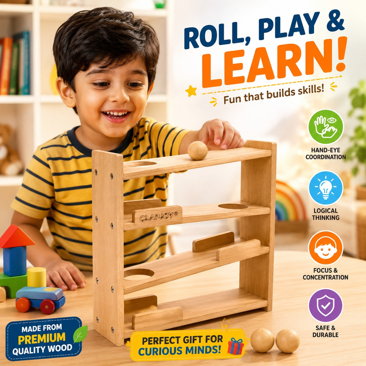 Wooden Ball Tracker Toy for Kids | Montessori Rolling Ball Ramp for Toddlers | Early Learning Educational Toy