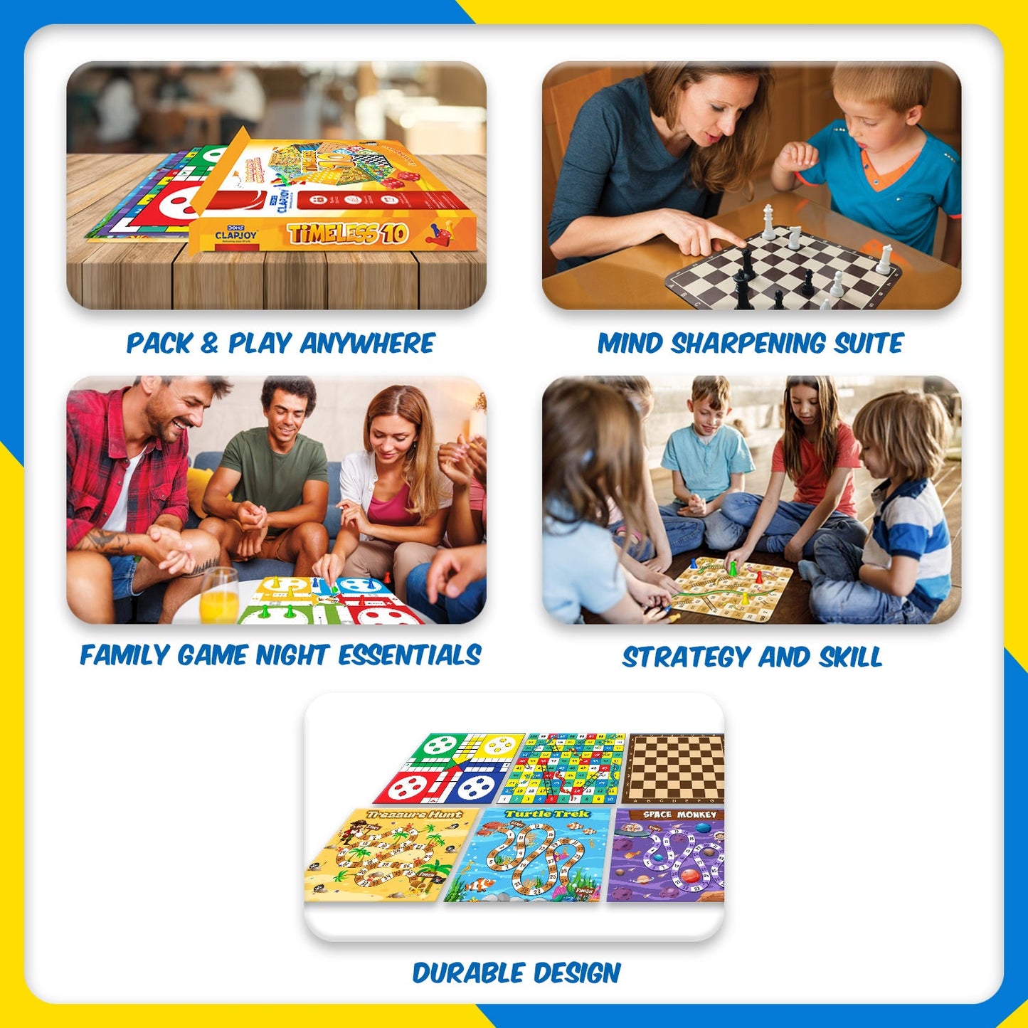 Timeless 10 Classic Family Board Games Gift Box Collection - Ludo, Chess, Snake ladder, Checkers and others