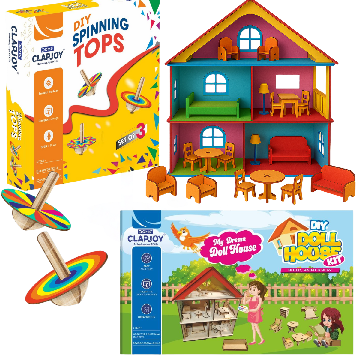 DIY Wooden Spinning Top & Doll House with Furniture