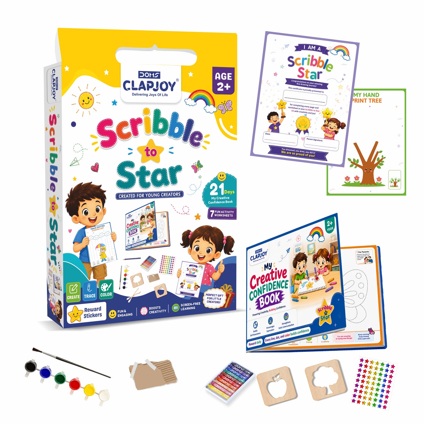 Clapjoy Scribble to Star Drawing Kit for Kids Age 2+ Years | 21 Days Creative Confidence Book | Stencils, Crayons, Paints, Reward Stickers | Screen Free Learning Activity Kit for Toddlers