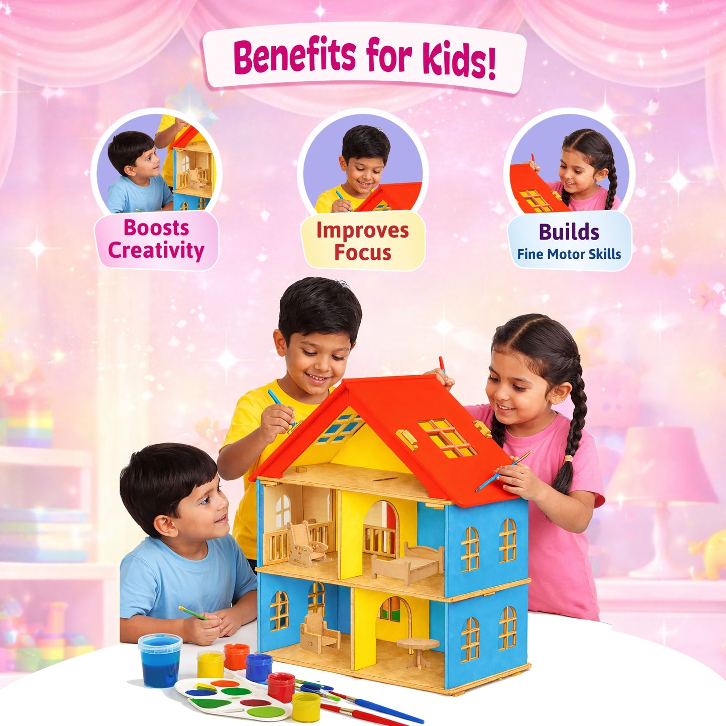 DIY Wooden Doll House Kit with Furniture | Build, Paint & Play for Kids 5+