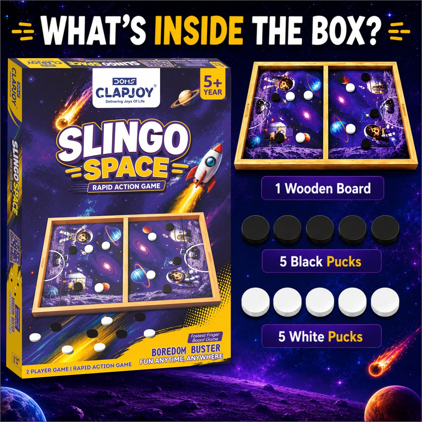 Clapjoy Slingo Space String Hockey Game for Kids | Rapid Action 2-Player Wooden Board Game | 4+ Years
