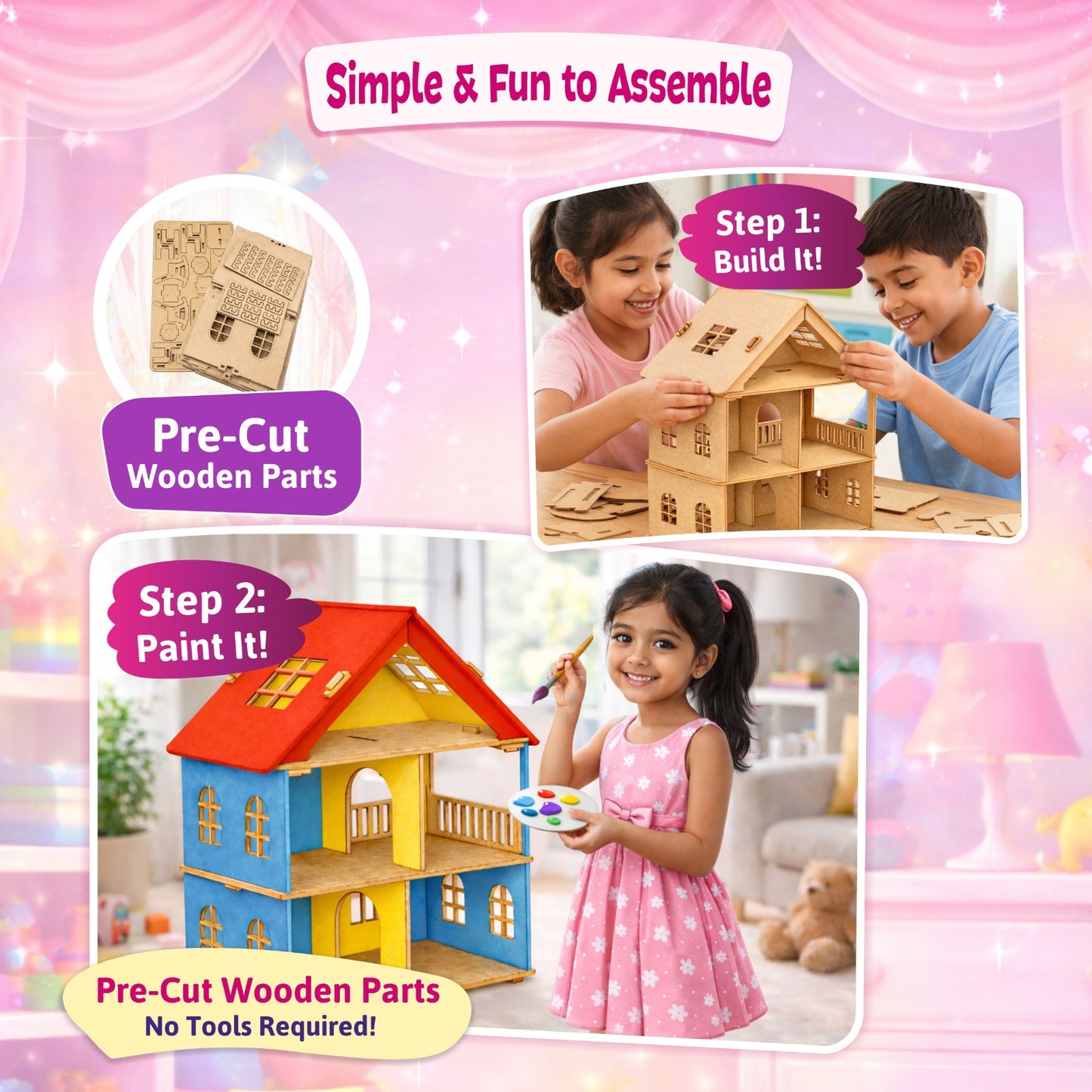 DIY Wooden Doll House Kit with Furniture | Build, Paint & Play for Kids 5+