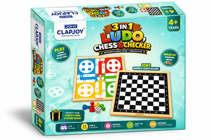 3 in 1 Wooden Ludo, Chess & Checkers Board Game for Kids & Adults | Double-Sided Classic Board Game | Educational Indoor Family Game | 2-4 Players | Age 4+ Years