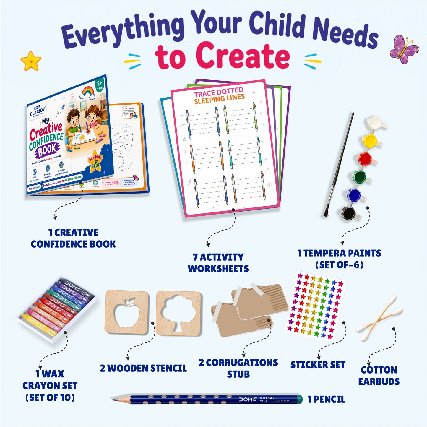 Clapjoy Scribble to Star Drawing Kit for Kids Age 2+ Years | 21 Days Creative Confidence Book | Stencils, Crayons, Paints, Reward Stickers | Screen Free Learning Activity Kit for Toddlers