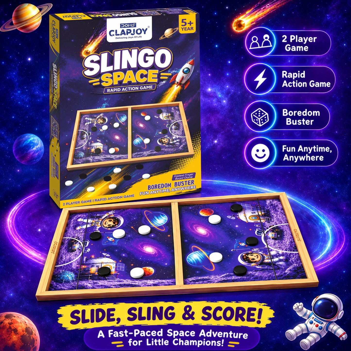 Clapjoy Slingo Space String Hockey Game for Kids | Rapid Action 2-Player Wooden Board Game | 4+ Years