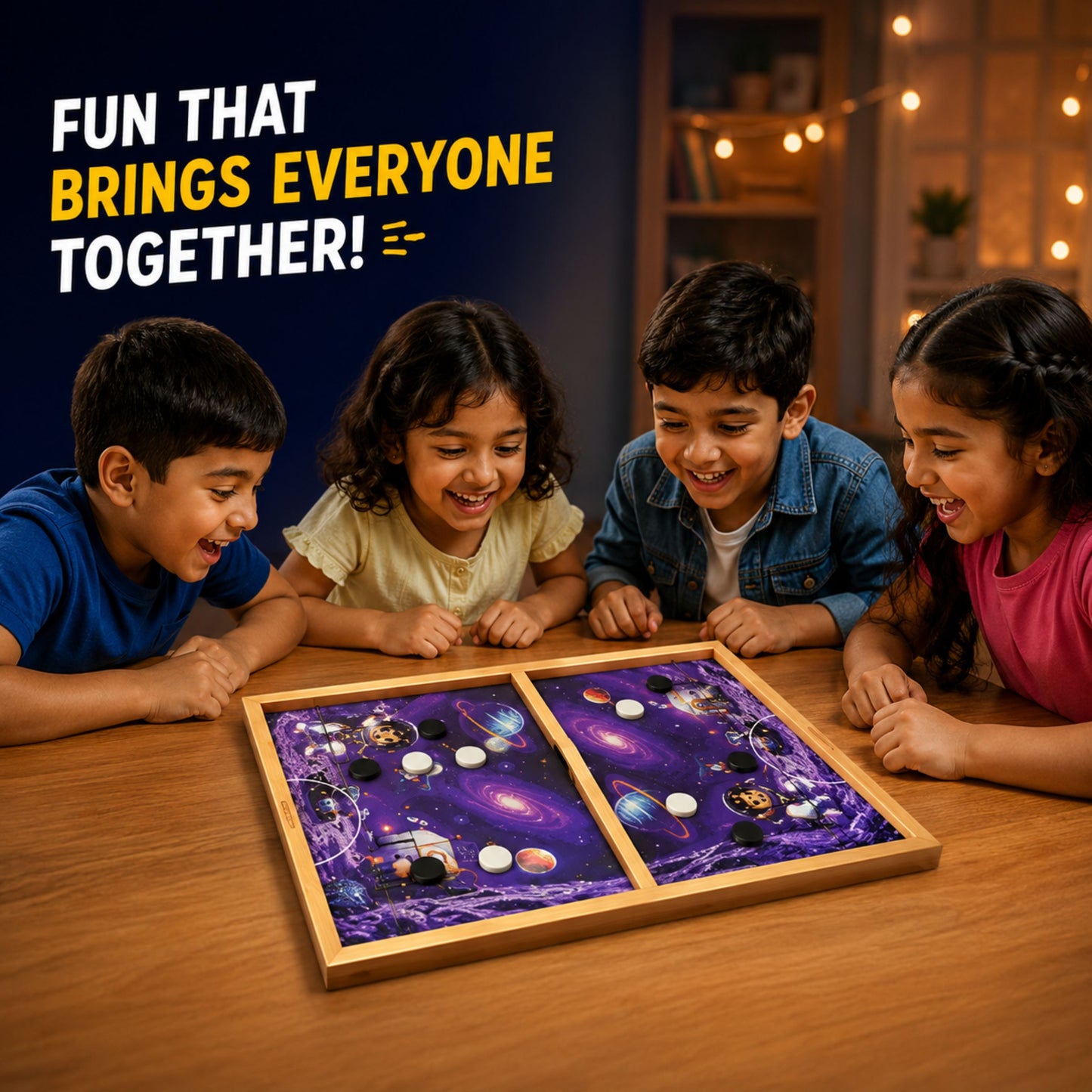 Clapjoy Slingo Space String Hockey Game for Kids | Rapid Action 2-Player Wooden Board Game | 4+ Years