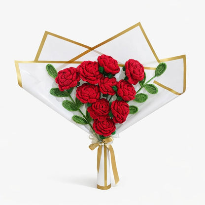 Handmade Red Crochet Rose Bouquet - 10 Everlasting Flowers Gift for Valentine's, Birthday, Anniversary with Gold Ribbon Packaging