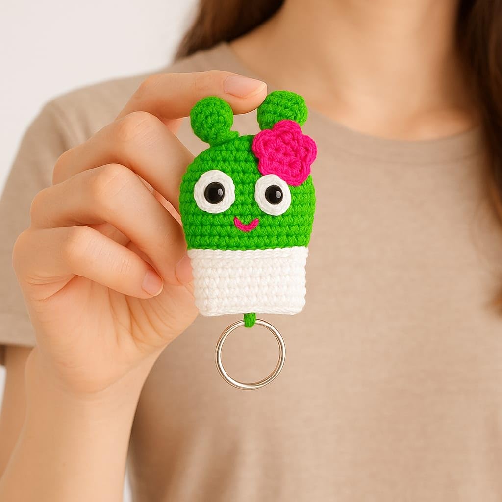 Clapjoy Handmade Crochet Cactus Keychain for Girls & Kids | Cute Wool Knitted Key Ring for Bags, Backpacks & Keys | Soft & Durable Crochet Keychain Accessory | Handmade Gift