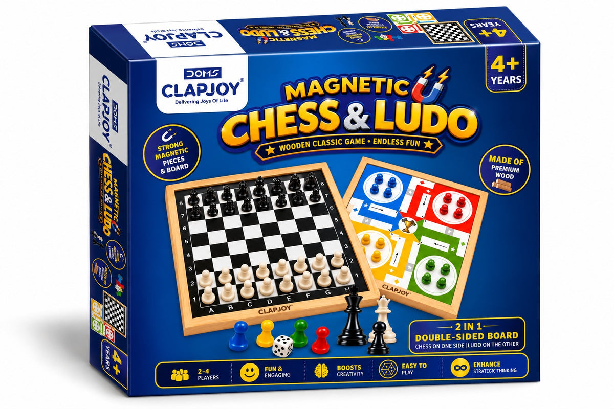 Magnetic Chess & Ludo 2 in 1 Wooden Board Game for Kids & Adults | Double-Sided Board with Magnetic Chess Pieces | Educational Indoor Family Game | 2-4 Players | Age 4+ Years