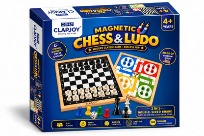 Magnetic Chess & Ludo 2 in 1 Wooden Board Game for Kids & Adults | Double-Sided Board with Magnetic Chess Pieces | Educational Indoor Family Game | 2-4 Players | Age 4+ Years
