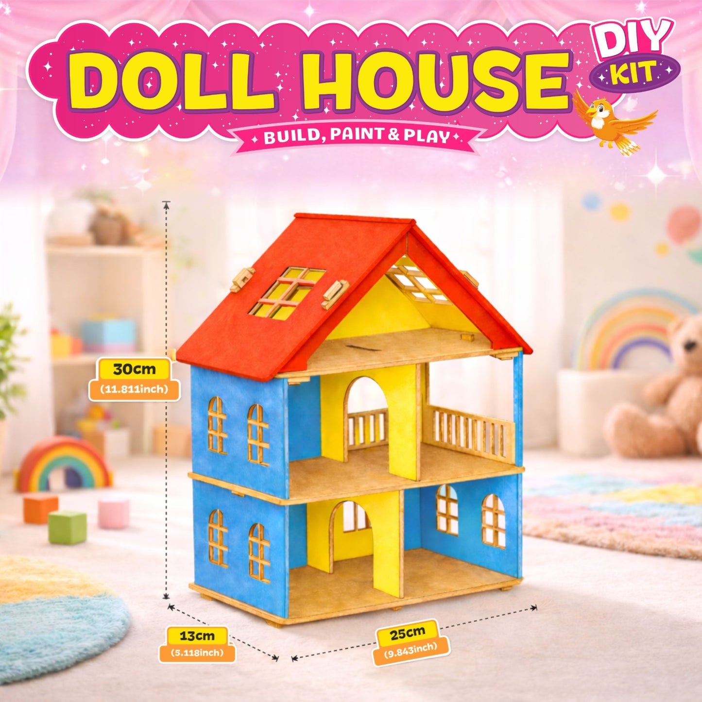 DIY Wooden Doll House Kit with Furniture | Build, Paint & Play for Kids 5+