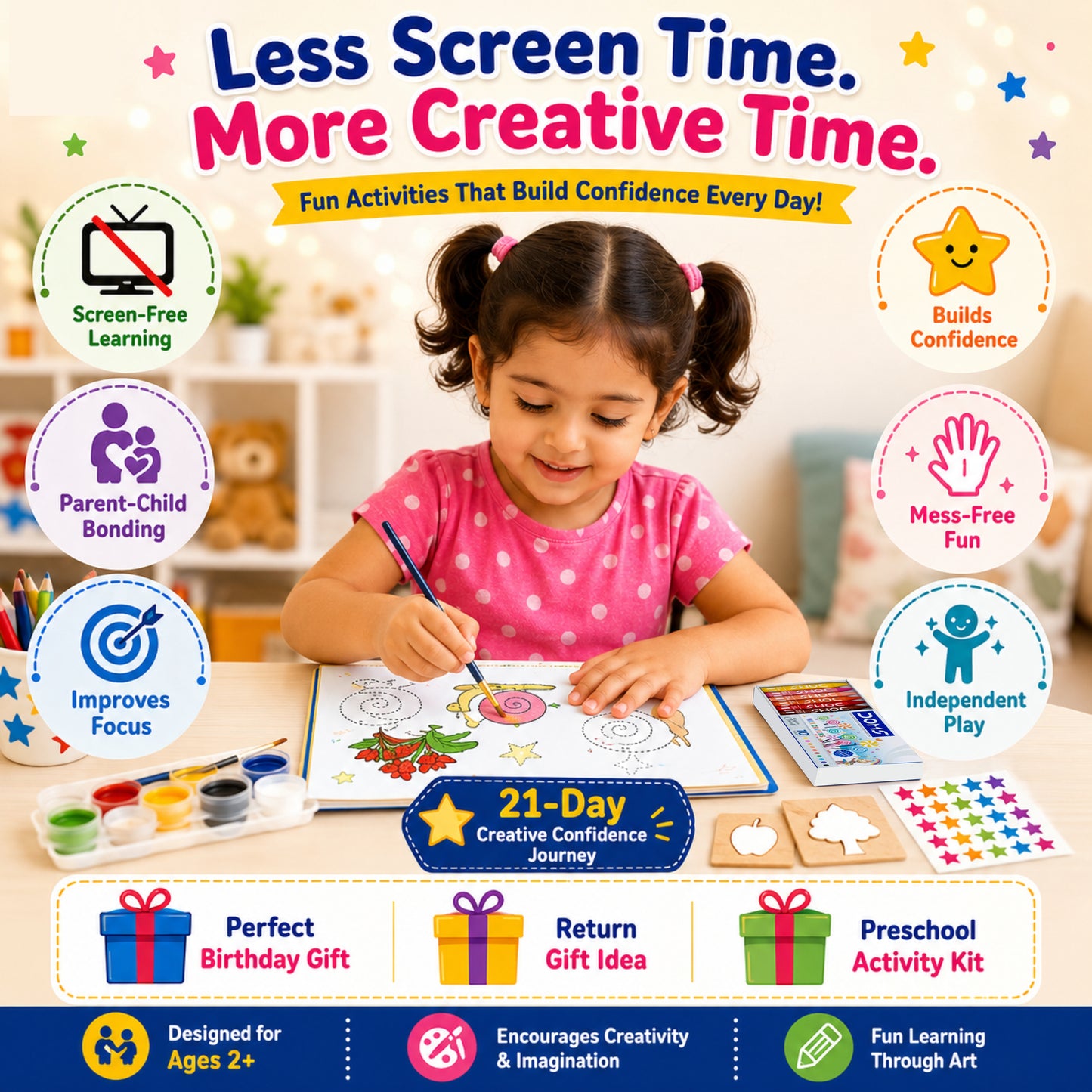 Clapjoy Scribble to Star Drawing Kit for Kids Age 2+ Years | 21 Days Creative Confidence Book | Stencils, Crayons, Paints, Reward Stickers | Screen Free Learning Activity Kit for Toddlers