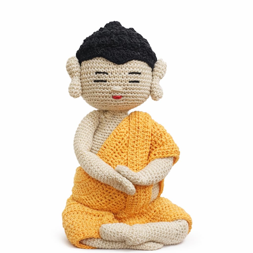 Handmade Crochet Buddha Limited Edition 25 Centimetre Meditating Sitting Buddha Idol buddha idols for home decor buddha statue for home decor buddha idol (Yellow and Cream)  spiritual Decor