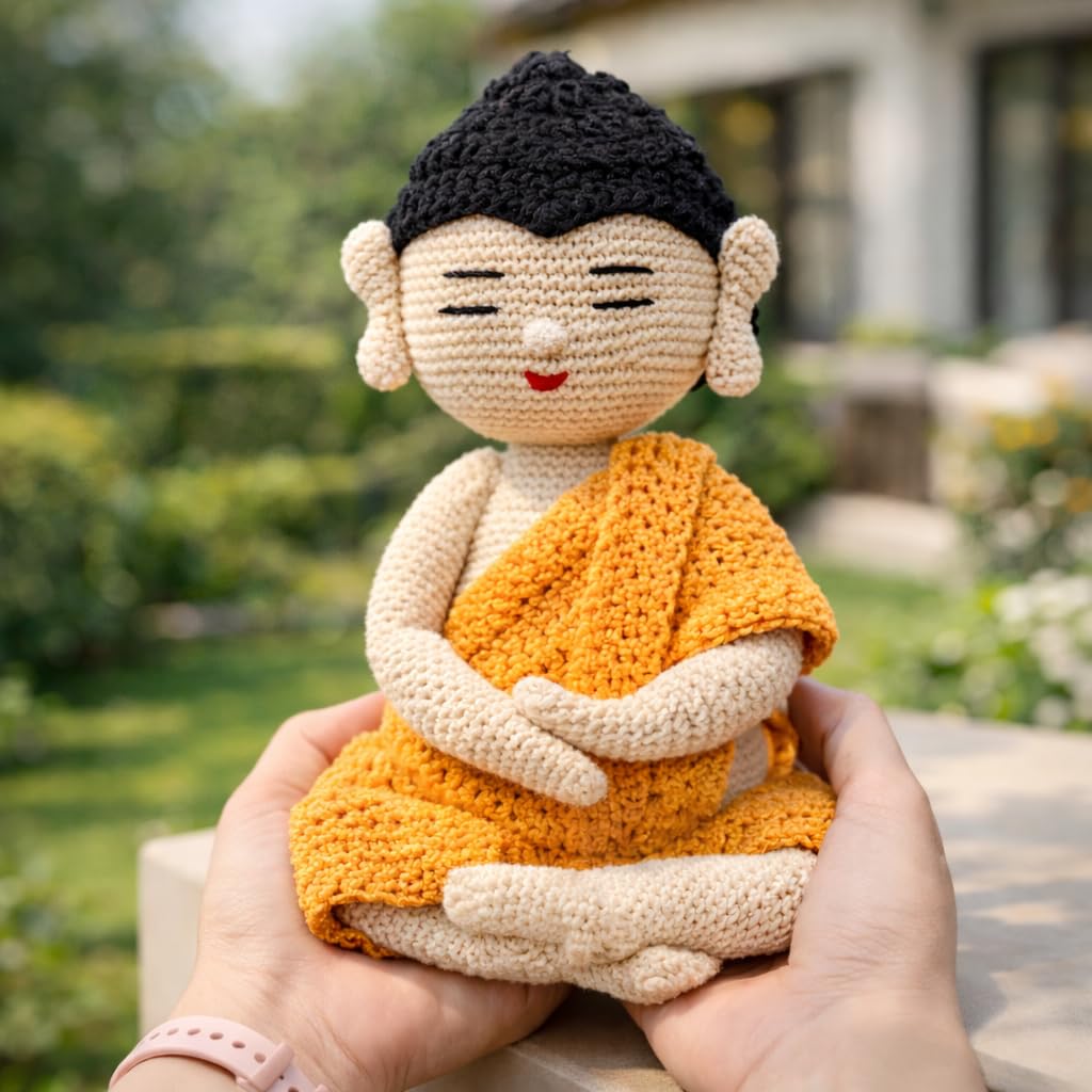Handmade Crochet Buddha Limited Edition 25 Centimetre Meditating Sitting Buddha Idol buddha idols for home decor buddha statue for home decor buddha idol (Yellow and Cream)  spiritual Decor