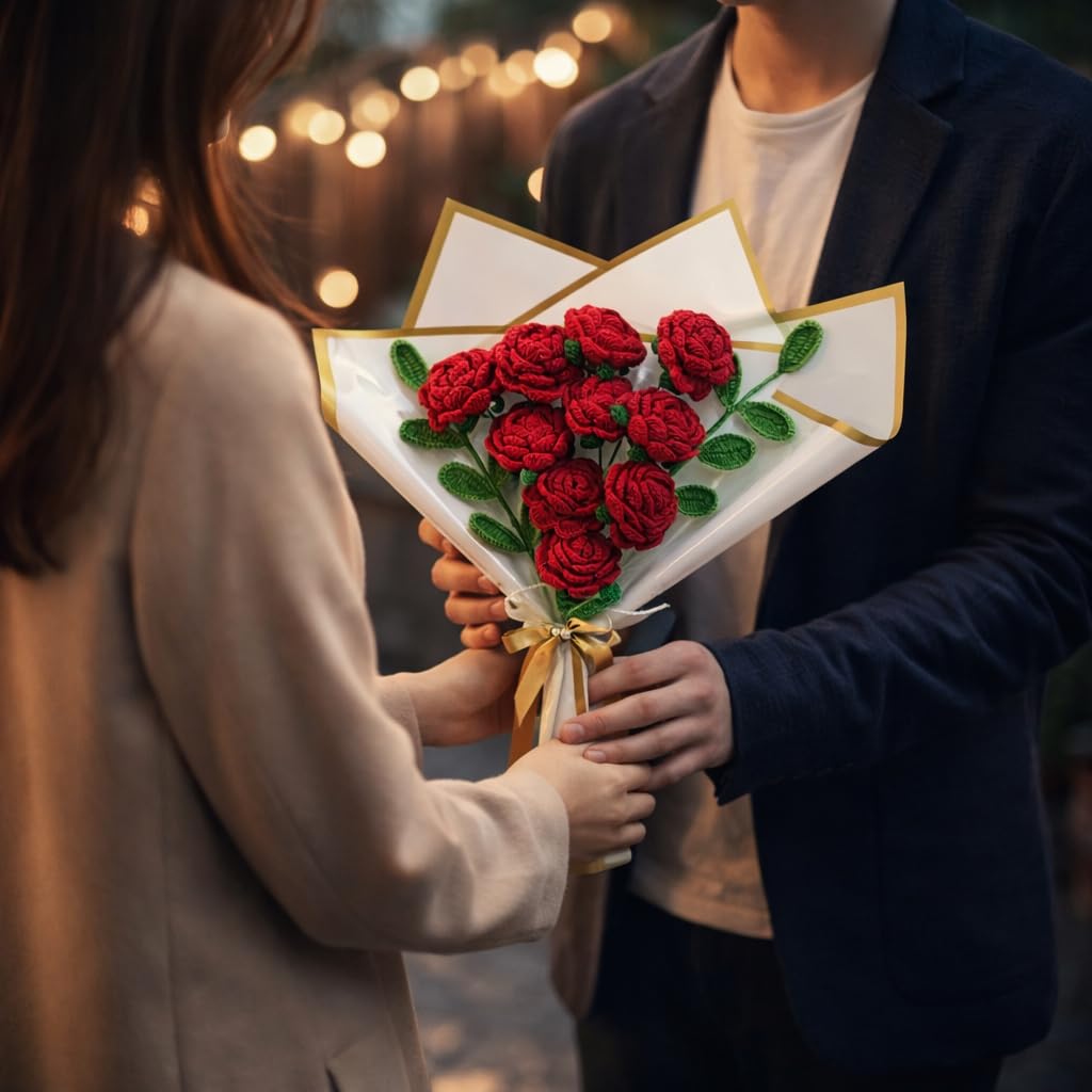 Handmade Red Crochet Rose Bouquet - 10 Everlasting Flowers Gift for Valentine's, Birthday, Anniversary with Gold Ribbon Packaging