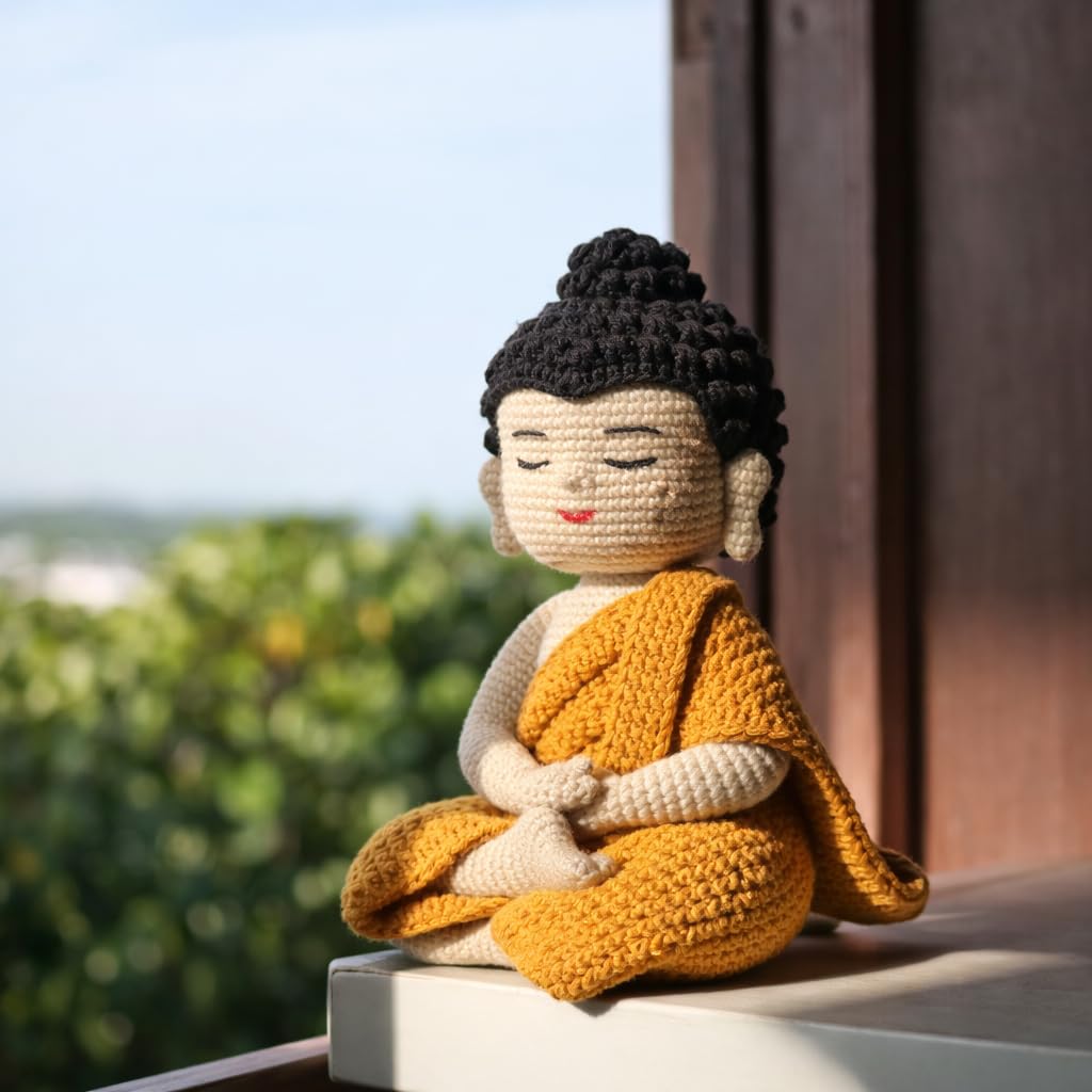 Handmade Crochet Buddha Limited Edition 25 Centimetre Meditating Sitting Buddha Idol buddha idols for home decor buddha statue for home decor buddha idol (Yellow and Cream)  spiritual Decor
