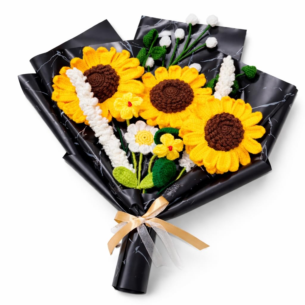 Handmade Crochet Sunflower Bouquet – Artificial Knitted Flower Arrangement with Premium Wrapping | Forever Flower Gift for Girlfriend, Wife, Birthday, Anniversary, Valentine’s Day
