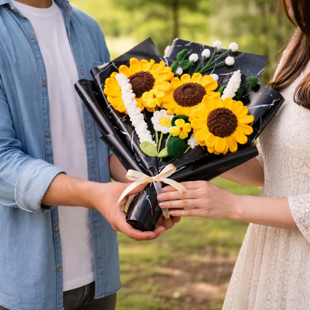 Handmade Crochet Sunflower Bouquet – Artificial Knitted Flower Arrangement with Premium Wrapping | Forever Flower Gift for Girlfriend, Wife, Birthday, Anniversary, Valentine’s Day