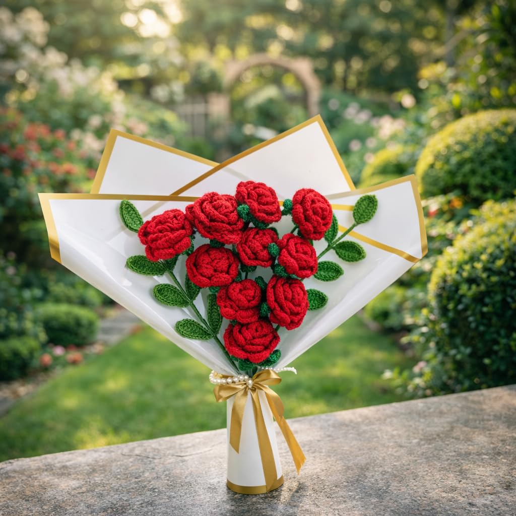Handmade Red Crochet Rose Bouquet - 10 Everlasting Flowers Gift for Valentine's, Birthday, Anniversary with Gold Ribbon Packaging