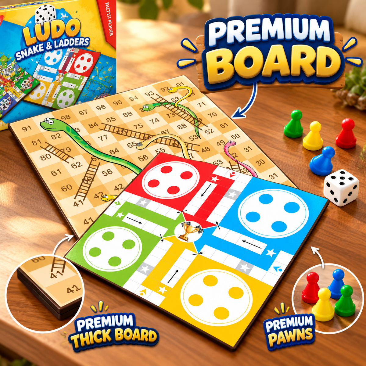 2-in-1 Ludo & Snakes and Ladders Board Game for Kids & Family
