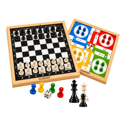 Magnetic Chess & Ludo 2 in 1 Wooden Board Game for Kids & Adults | Double-Sided Board with Magnetic Chess Pieces | Educational Indoor Family Game | 2-4 Players | Age 4+ Years