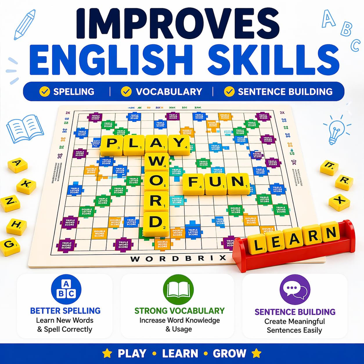 Clapjoy WordBrix Word Building Board Game, Spelling Skills, Vocabulary Building, Hands-On Learning