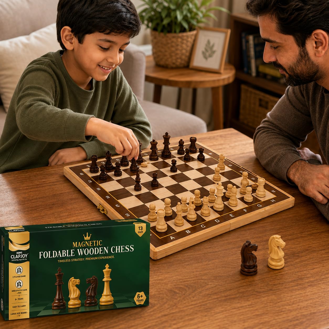 Clapjoy Premium Magnetic Handcrafted Foldable Wooden Chess Board Set (13×13 Inch) | Compact Folding Design with Storage | Travel-Friendly | Family Board Game for Kids & Adults