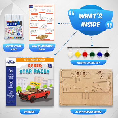 3D DIY Wooden Puzzle Speed Star Racer Car, Build and Paint Craft Kit with Tempra Colors and Water Color Pens, 8+ Years