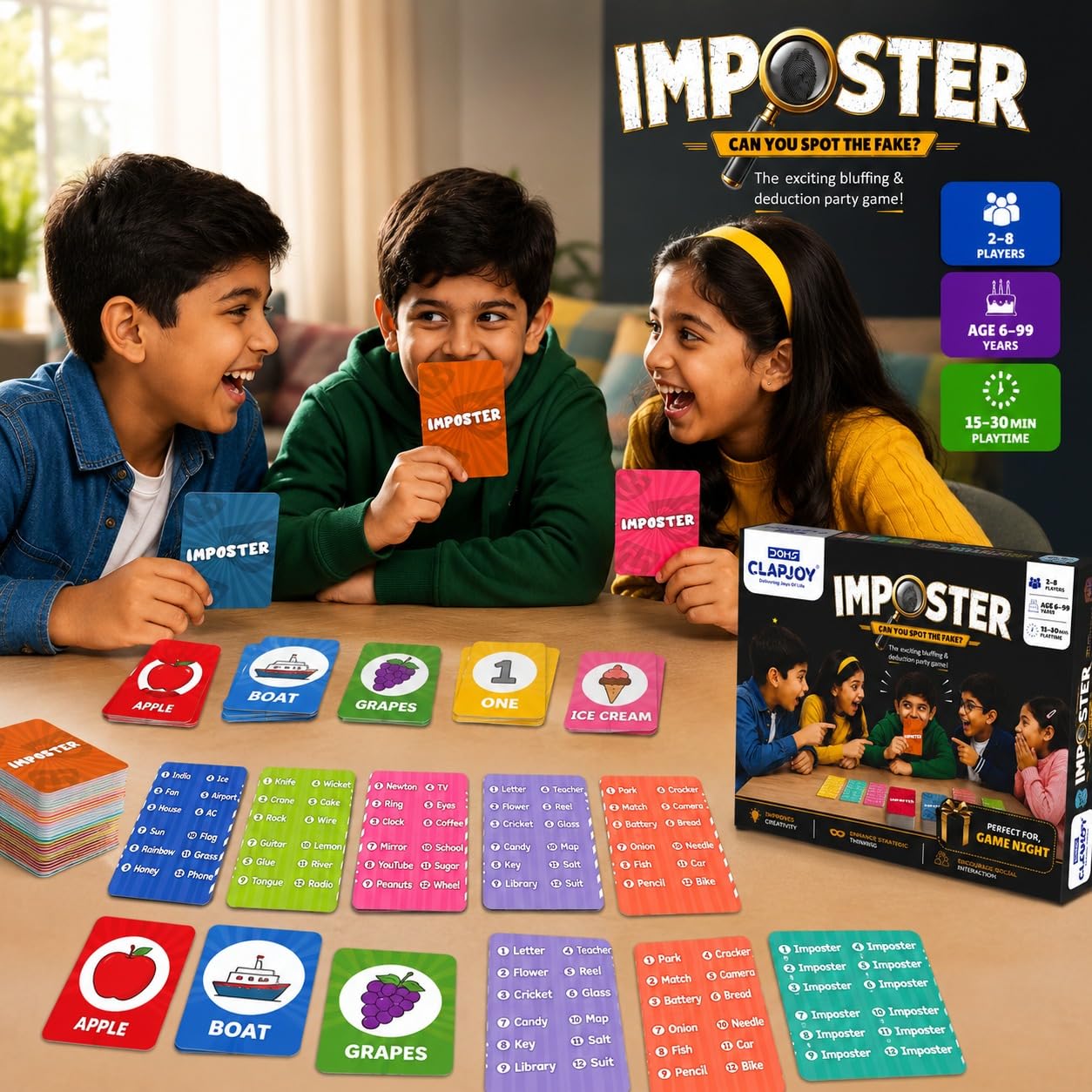Board & Card Game – Imposter: Can You Spot The Fake? | 80 Cards | Bluffing & Deduction Party Game | Family Game Night | 15-30 Min Playtime | 2-8 Players | Gift for Ages 6, 7, 8, 9 & Up