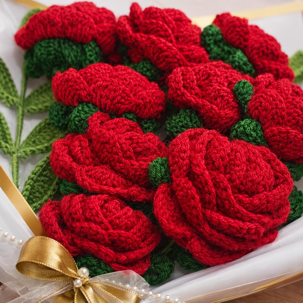Handmade Red Crochet Rose Bouquet - 10 Everlasting Flowers Gift for Valentine's, Birthday, Anniversary with Gold Ribbon Packaging
