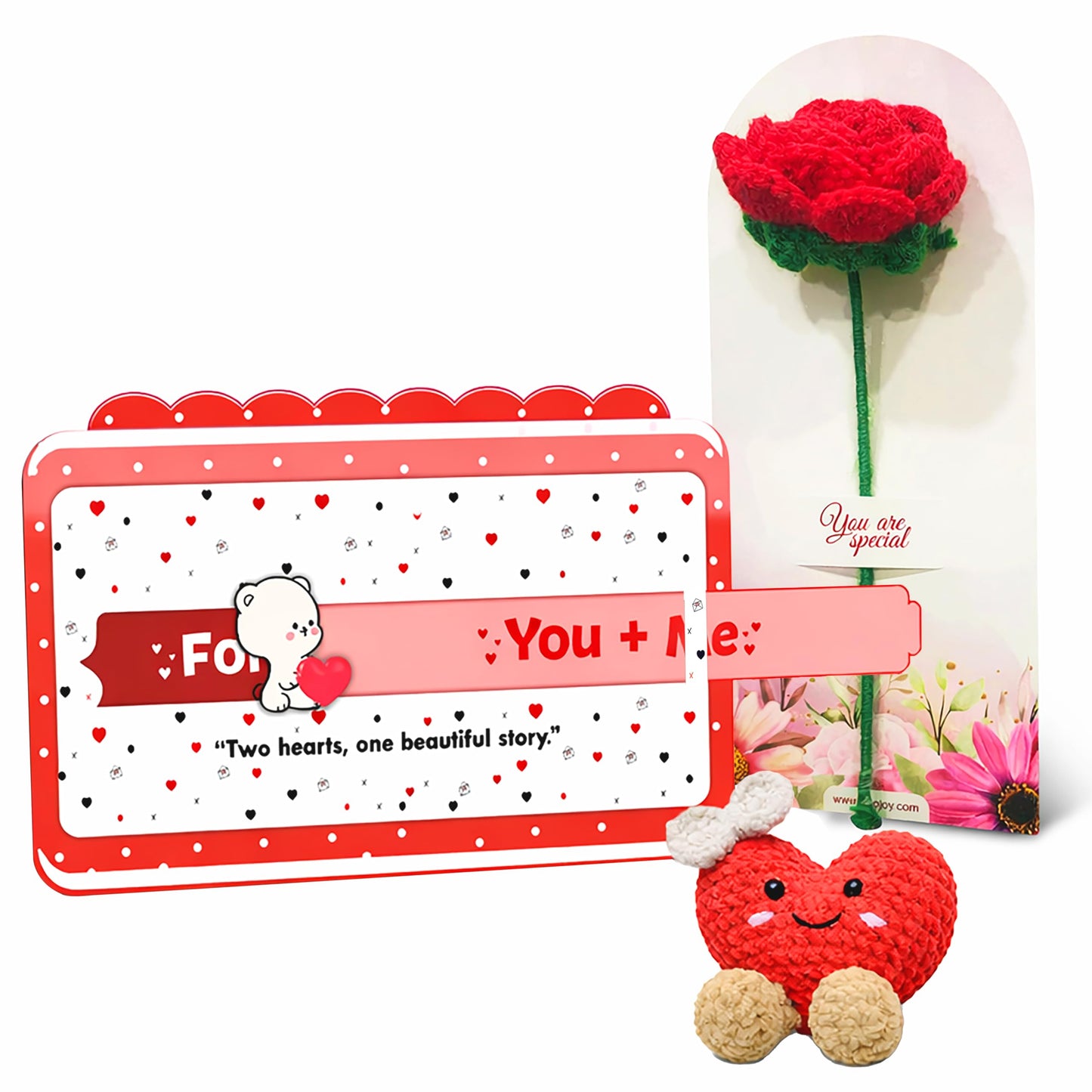 Handmade Crochet Red Rose with Crochet Heart & Greeting Card | Artificial Forever Flower | Romantic Gift for Anniversary, Birthday & Valentine’s Day