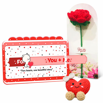 Handmade Crochet Red Rose with Crochet Heart & Greeting Card | Artificial Forever Flower | Romantic Gift for Anniversary, Birthday & Valentine’s Day
