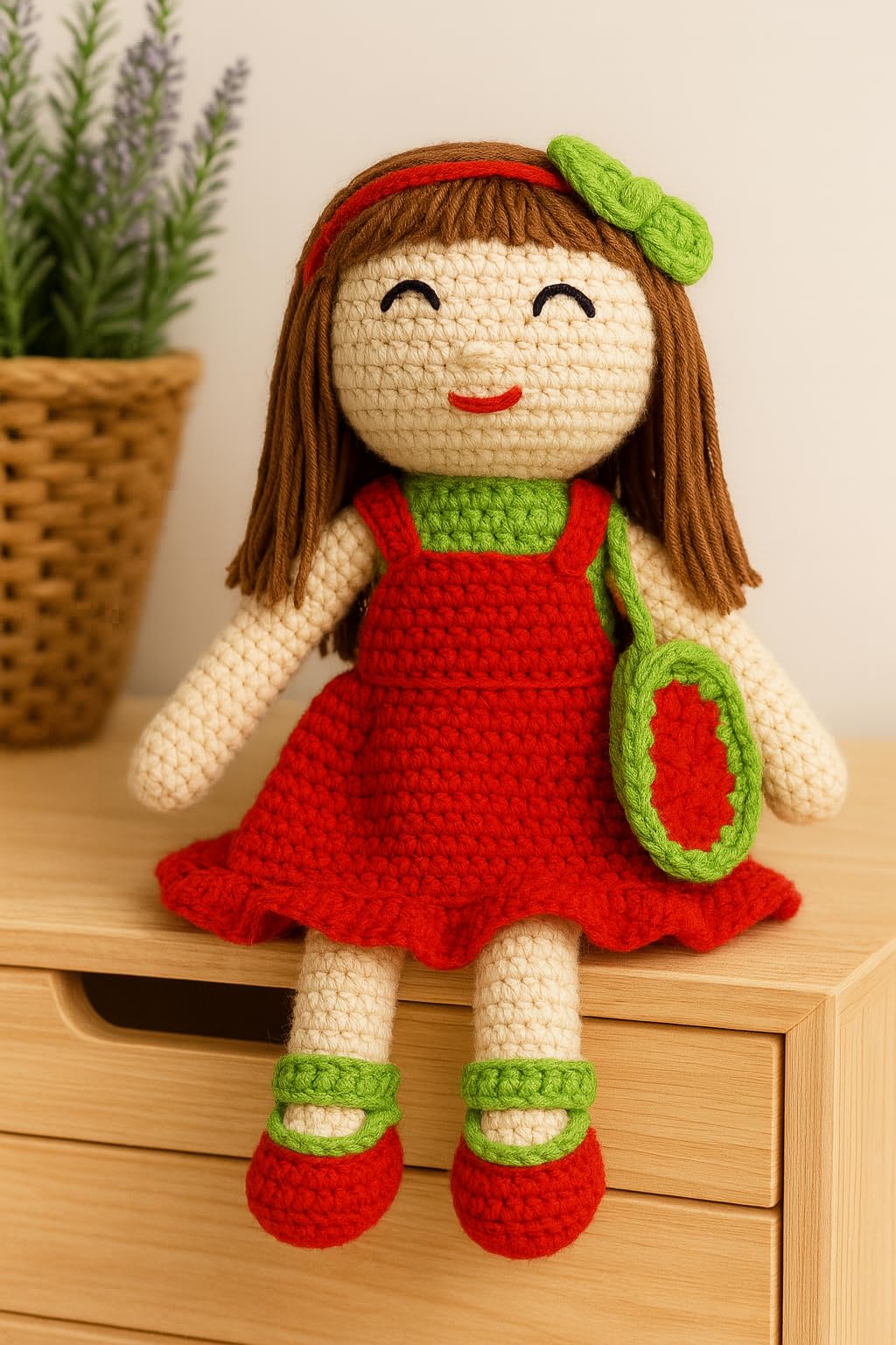 Crochet Handmade Doll Toy with Removable Dress | Soft Cotton Knitted Doll for Girls | Pretend Play, Gift & Room Decor (Red Dress Doll)
