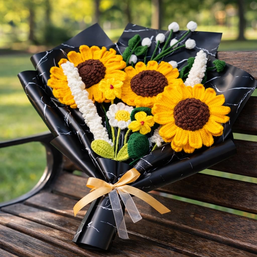 Handmade Crochet Sunflower Bouquet – Artificial Knitted Flower Arrangement with Premium Wrapping | Forever Flower Gift for Girlfriend, Wife, Birthday, Anniversary, Valentine’s Day