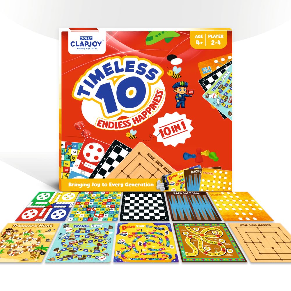 Timeless 10 Classic Family Board Games Gift Box Collection - Ludo, Chess, Snake ladder, Checkers and others