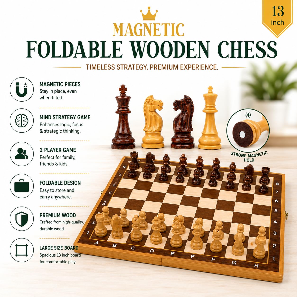 Clapjoy Premium Magnetic Handcrafted Foldable Wooden Chess Board Set (13×13 Inch) | Compact Folding Design with Storage | Travel-Friendly | Family Board Game for Kids & Adults