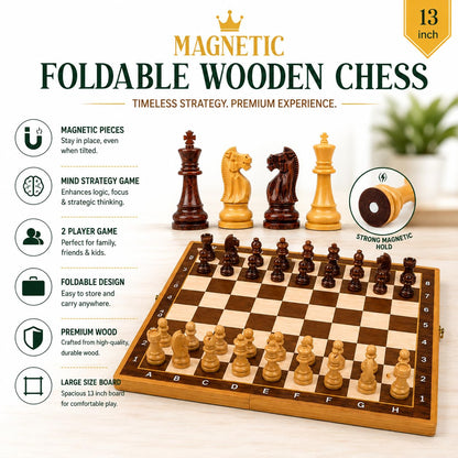 Premium Magnetic Foldable Wooden Chess Board Set (13×13 Inch) | Compact Folding Design with Storage | Travel-Friendly | Family Board Game for Kids & Adults