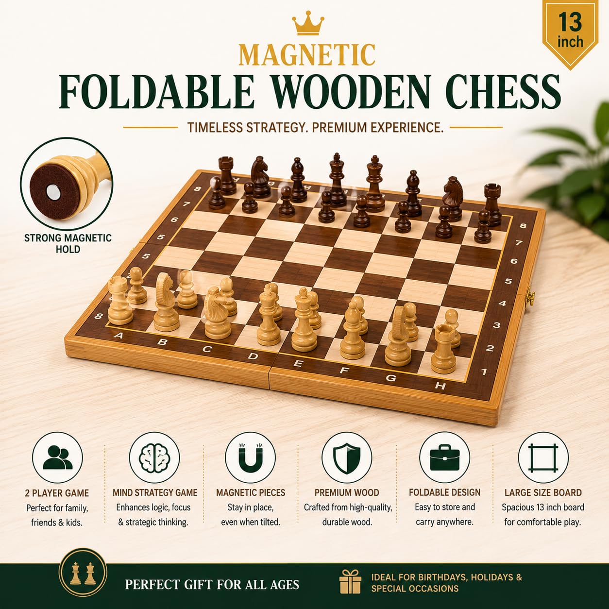 Clapjoy Premium Magnetic Handcrafted Foldable Wooden Chess Board Set (13×13 Inch) | Compact Folding Design with Storage | Travel-Friendly | Family Board Game for Kids & Adults