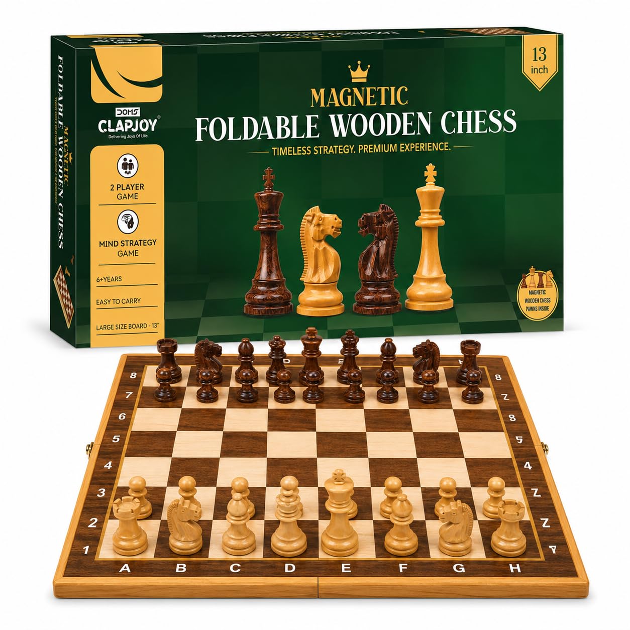 Clapjoy Premium Magnetic Handcrafted Foldable Wooden Chess Board Set (13×13 Inch) | Compact Folding Design with Storage | Travel-Friendly | Family Board Game for Kids & Adults