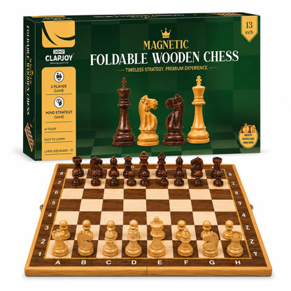 Premium Magnetic Foldable Wooden Chess Board Set (13×13 Inch) | Compact Folding Design with Storage | Travel-Friendly | Family Board Game for Kids & Adults
