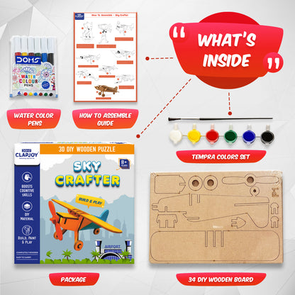 Sky Crafter 3D DIY Wooden Puzzle, Build and Play Airplane Model, Boosts Cognitive Skills, Ages 8+