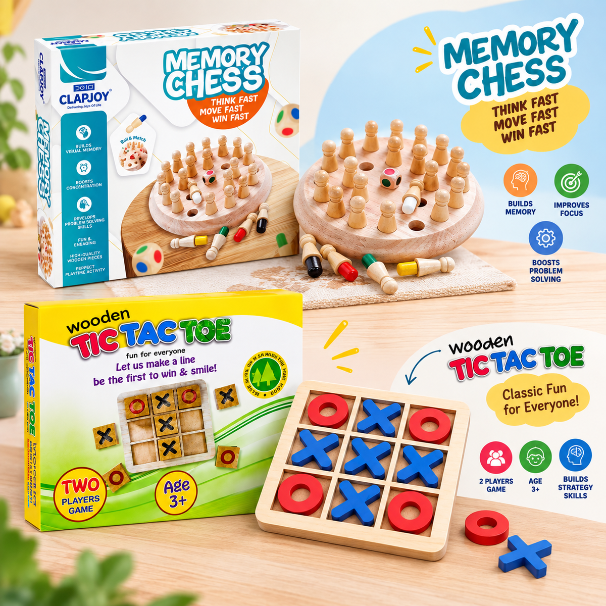 Wooden Memory Chess & Tic Tac Toe (Combo)