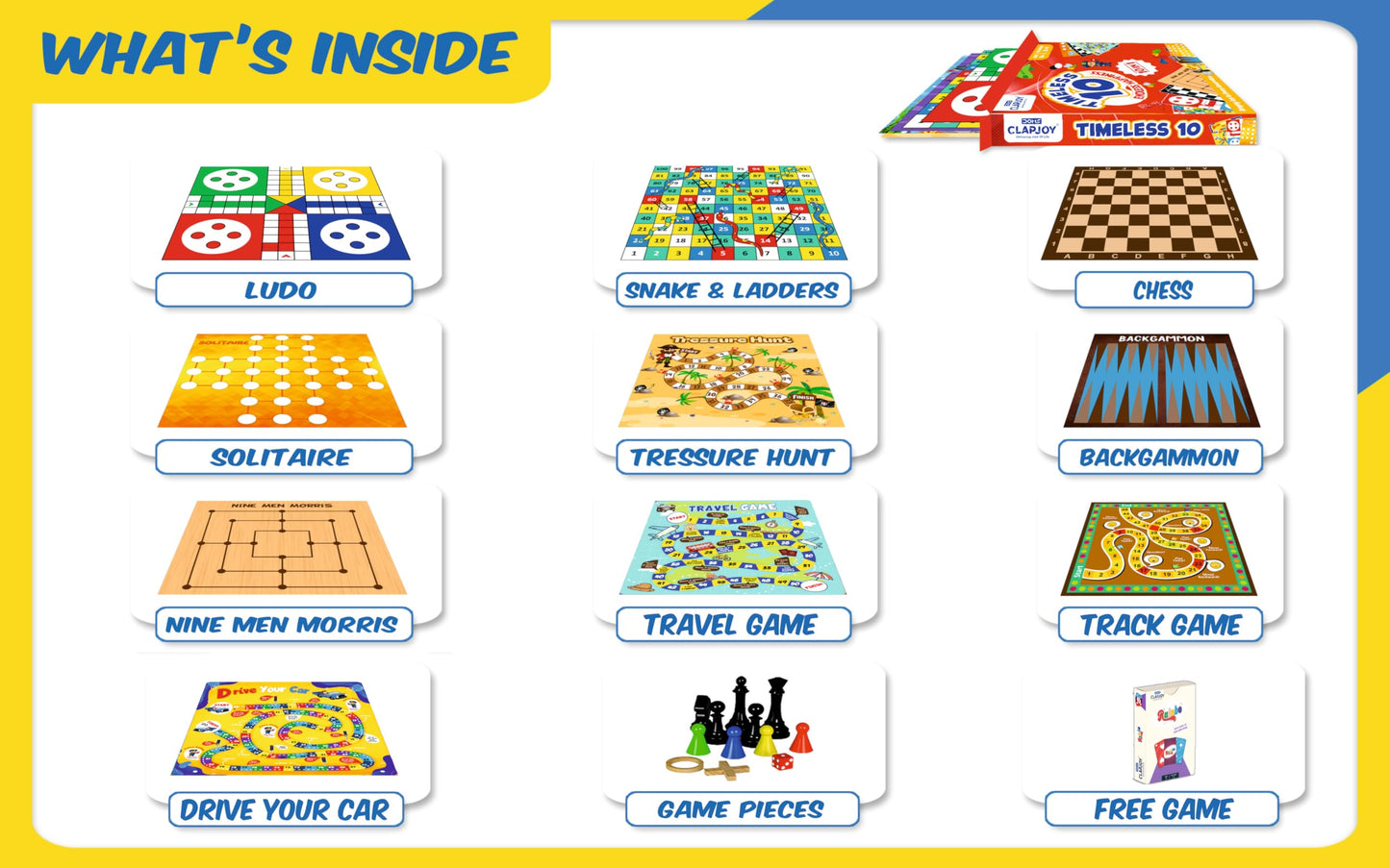 Timeless 10 Classic Family Board Games Gift Box Collection - Ludo, Chess, Snake ladder, Checkers and others