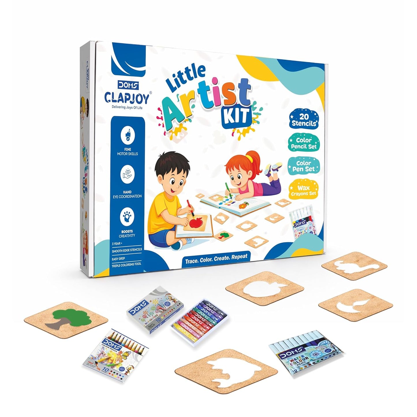 Little Artist Kit for Kids 3+ Years | 20 MDF Stencils with Color Pencils, Sketch Pens & Wax Crayons | Drawing & Coloring Activity Kit | Creative Art Set for Boys & Girls | Gift Pack