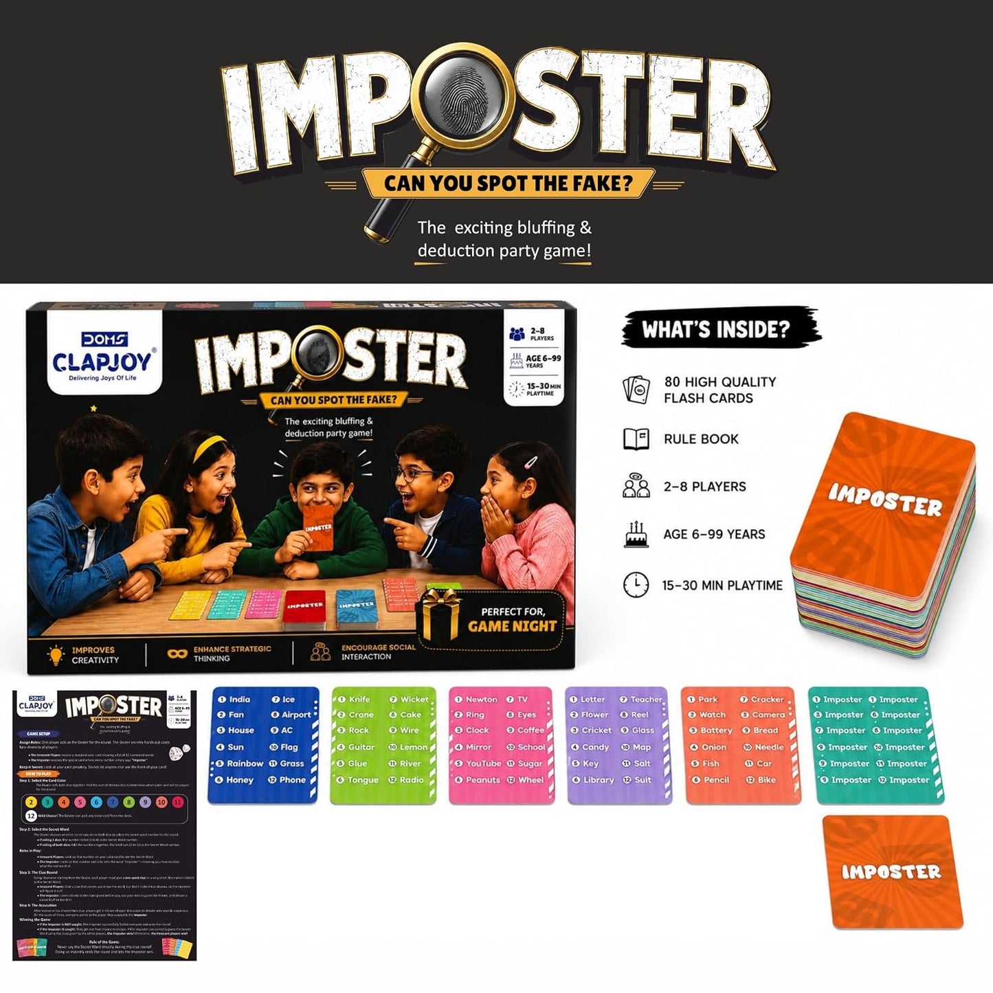 Clapjoy Board & Card Game – Imposter: Can You Spot The Fake? | 80 Cards | Bluffing & Deduction Party Game | Family Game Night | 15-30 Min Playtime | 2-8 Players | Gift for Ages 6, 7, 8, 9 & Up